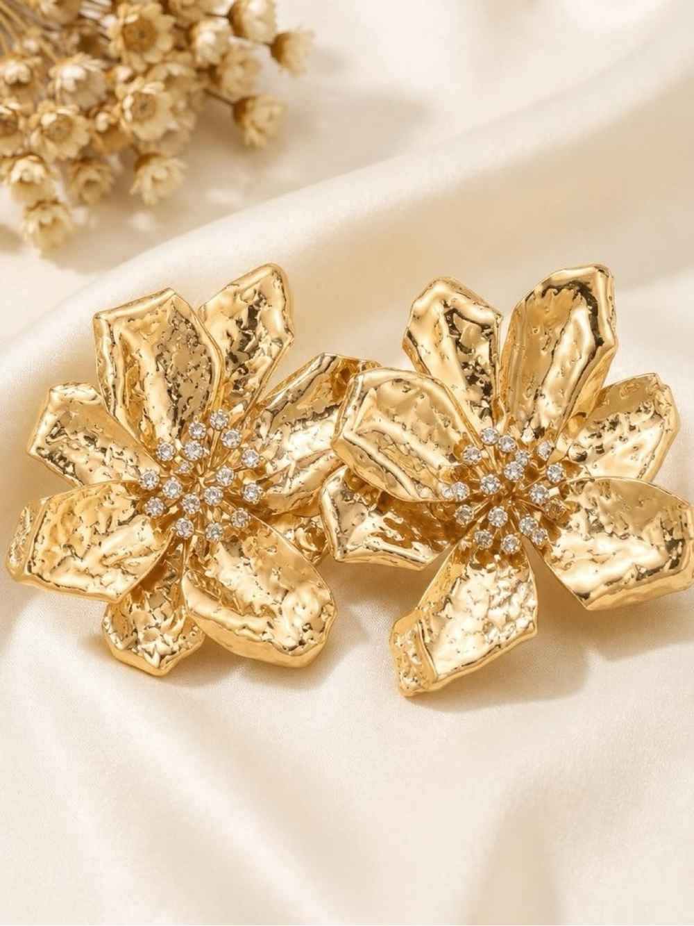 Large Gold Flower Crystal Center Statement Earrings